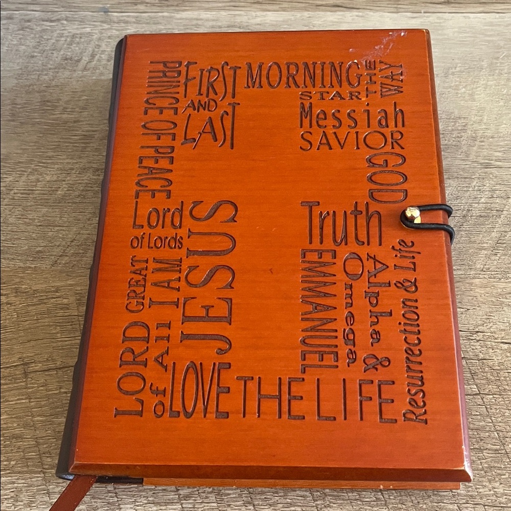 New Wooden notebook journal cover religious logos God Jesus gold pages